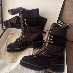 CHANEL Black and White Lace-Up Boots